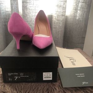 J Crew- Kid suede Colette pump in 7H-M ( 71/2) in Decorative pink color.